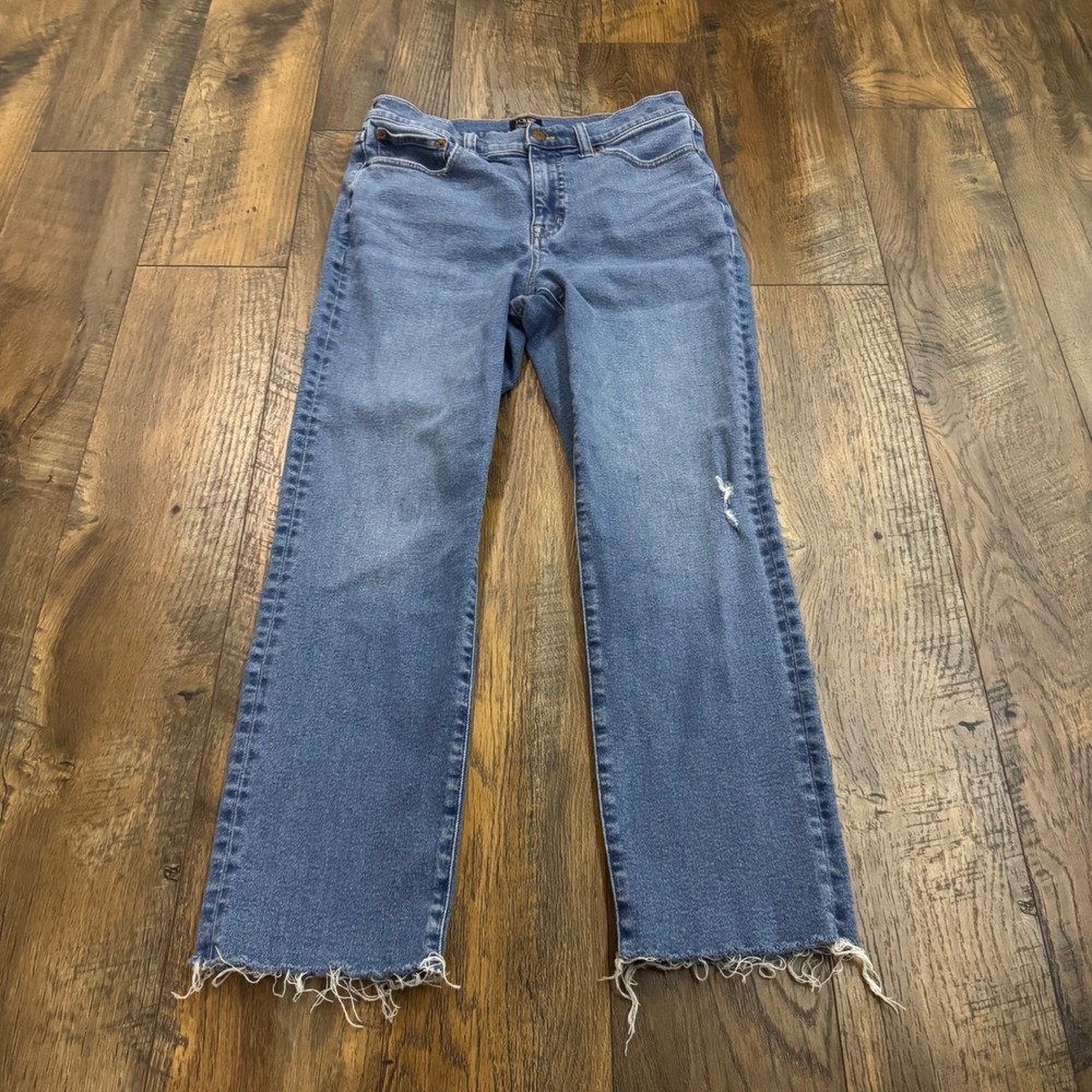J.Crew Straight Jeans 28 Medium Wash Raw Hem Ankle High Rise Distressed Cotton